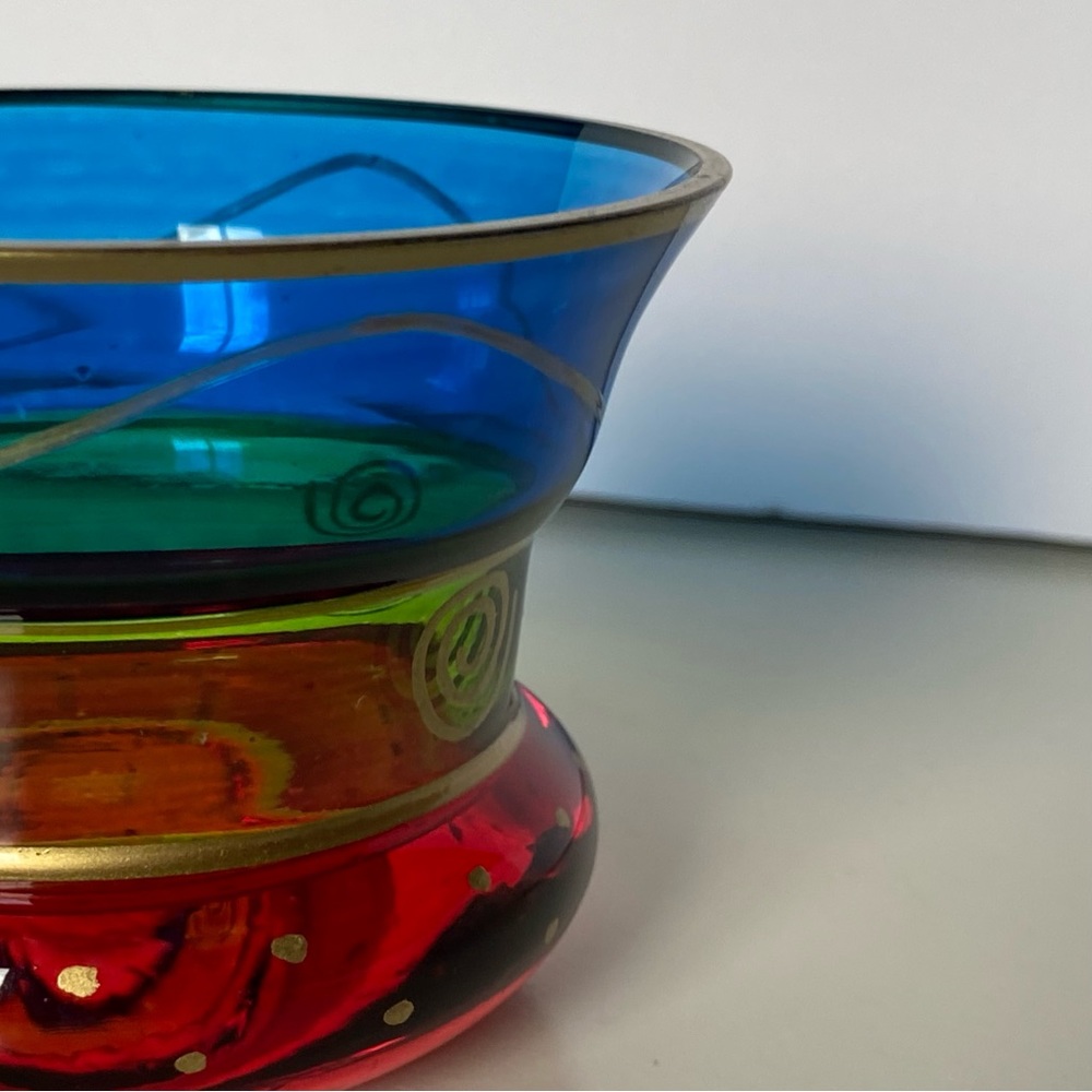 PIER 1 Candle Votive Holder Glass Vintage Red Blue Green Gold Trim Cup Vase Boho - Picture 14 of 16